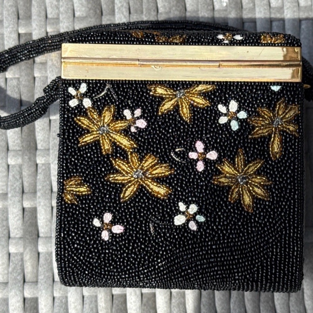 Vintage Torii Black Floral Beaded Box Purse Gold Embroidered W/ Mirror & Strap